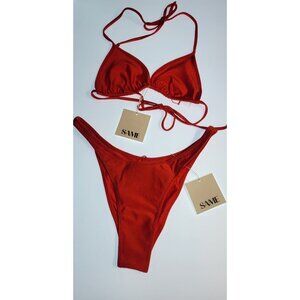 SAME los Angeles Bikini Set  2PC Triangle Top High Waist Bottom Shiny Red 90s L